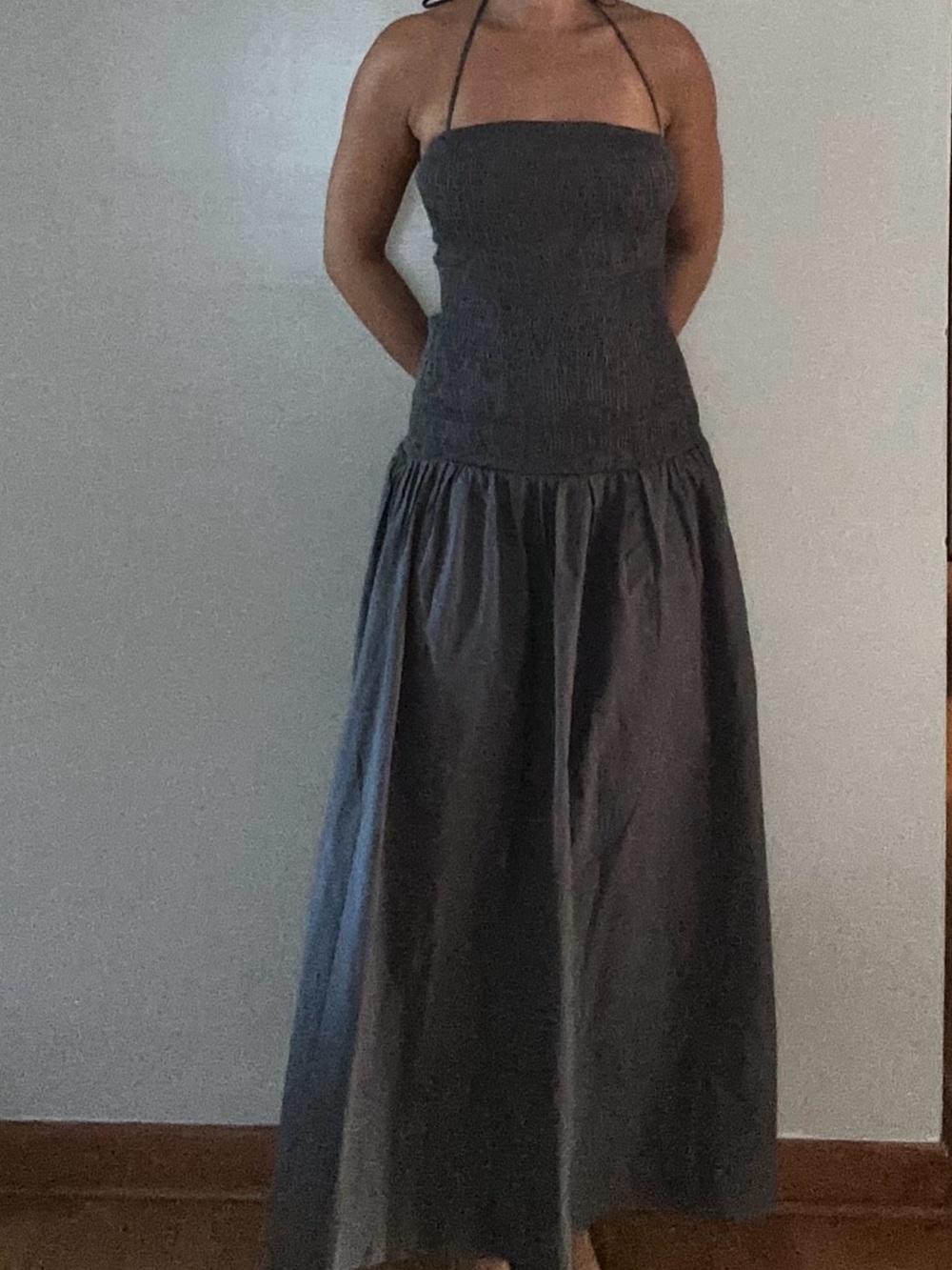 Brand New Smocked Halter Maxi Dress in Charcoal Gray